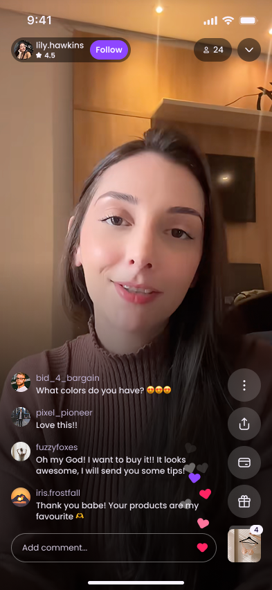 A Teasr live show with viewers chatting, reacting, and buying